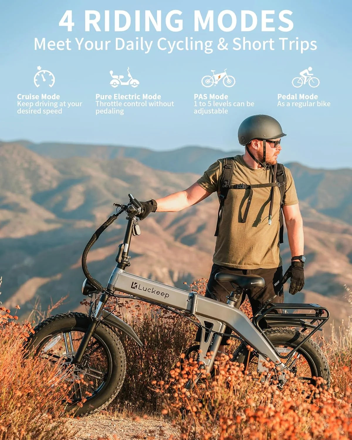 Vélo électrique pliable Luckeep X1 Lite pour adultes, moteur de 1 500 W en crête, batterie amovible de 720 Wh, autonomie de 60 mi à 28 mi/h, vélo électrique tout-terrain à pneus larges 20 × 4 avec suspension avant, vélo électrique de montagne