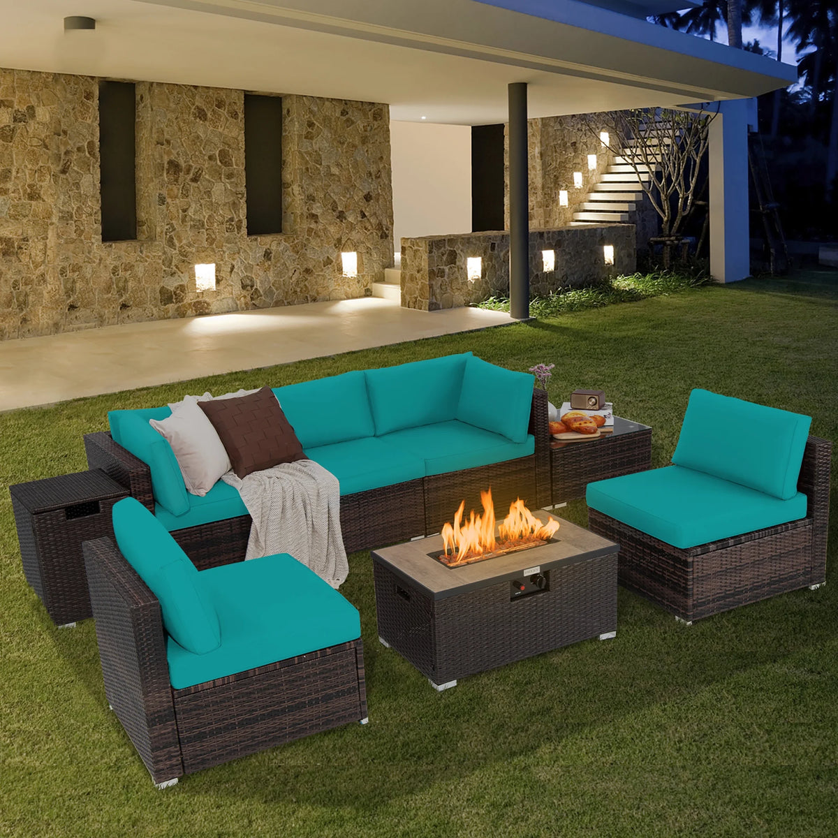 Costway Salon de Jardin en Rotin 8 Pièces avec Table Brasero et Couvercle Noir pour Terrasse
