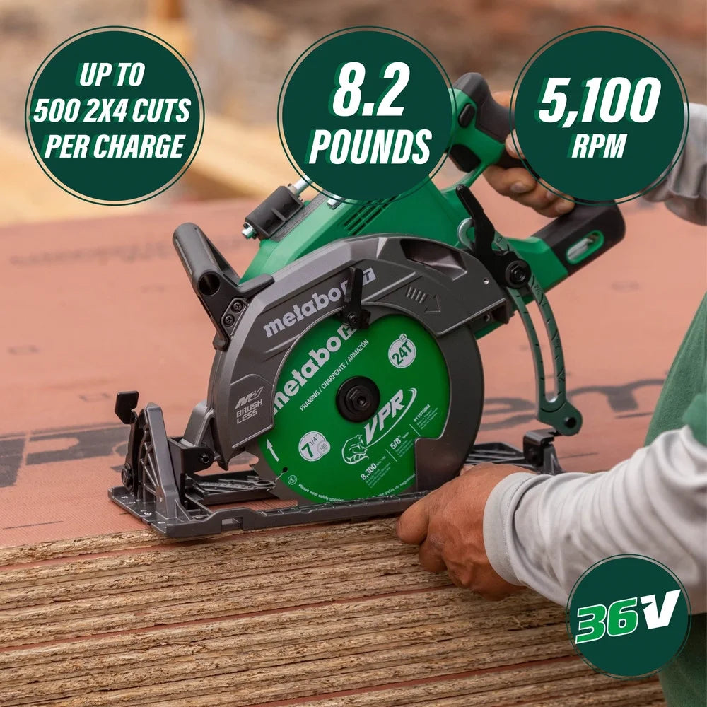 Scie circulaire Metabo HPT 36 V MultiVolt de 7-1/4 pouces à poignée arrière, conception légère, jusqu’à 500 coupes de 2x4 par charge, capacité d’angle d’onglet réglable de 53°, garantie à vie sur le corps de l’outil, C3607DWA