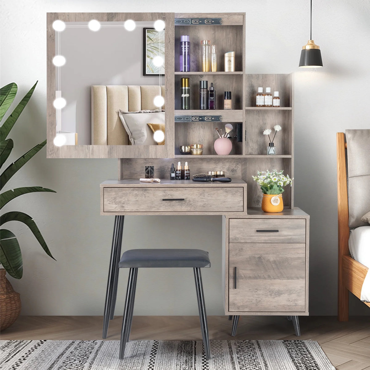 Coiffeuse Ktaxon avec miroir éclairé à 3 couleurs & station de charge, table de maquillage avec 3 étagères de rangement & tiroirs, bureau de toilette avec tabouret, gris rétro