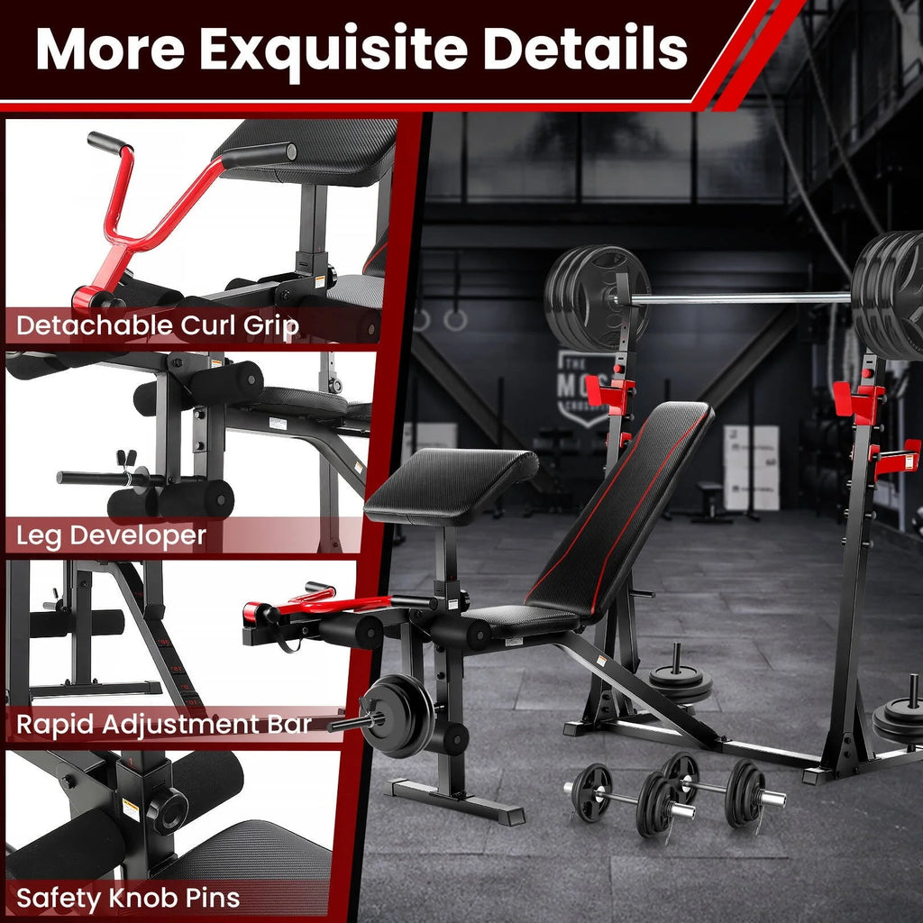 VIBESPARK Banc de musculation à charges réglables 900 LBS Ensemble de banc de musculation olympique avec rack à squats, pupitre à biceps, extension des jambes Banc d’exercice pour tout le corps et développé couché pour salle de sport à domicile
