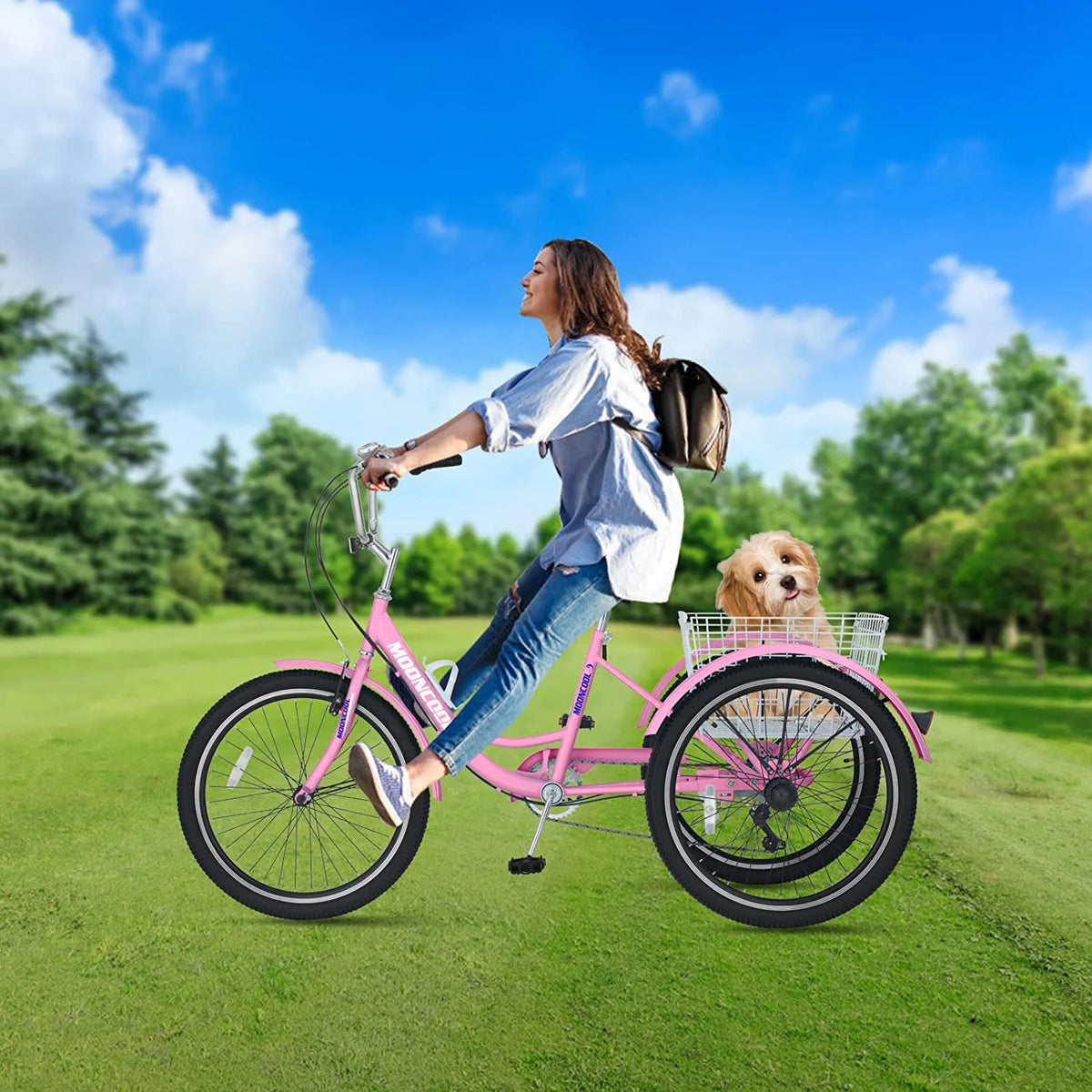 Tricycles pour adultes MOONCOOL avec panier arrière et pompe à pied, vélos à 3 roues 7 vitesses de 24 et 26 pouces, vélo à trois roues pour adultes avec dossier pour seniors, femmes et hommes