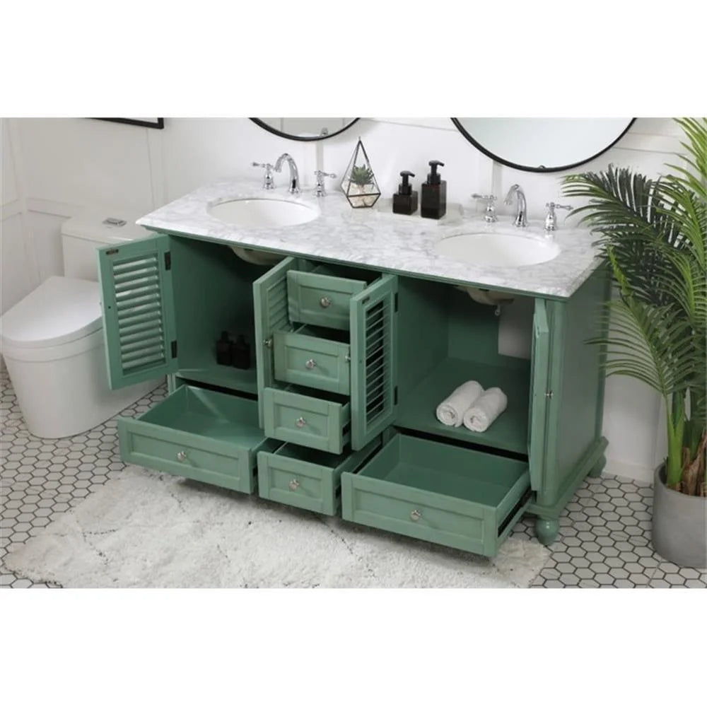 Meuble-lavabo double élégant de 60 pouces pour salle de bain, blanc antique