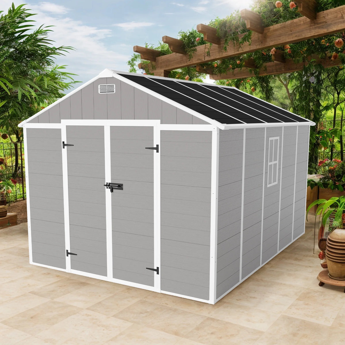 Enyopro Abri de rangement extérieur 6 x 4,4 pi, grand abri utilitaire en résine plastique toutes saisons pour outils avec deux portes verrouillables, pour patio, cour arrière et pelouse, gris