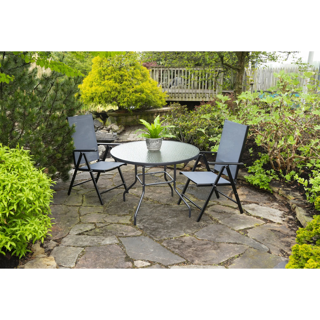 Garden Elements Mobilier de terrasse, Table à manger ronde, Piétement et bordure en acier avec plateau en verre ondulé, Gris, 40