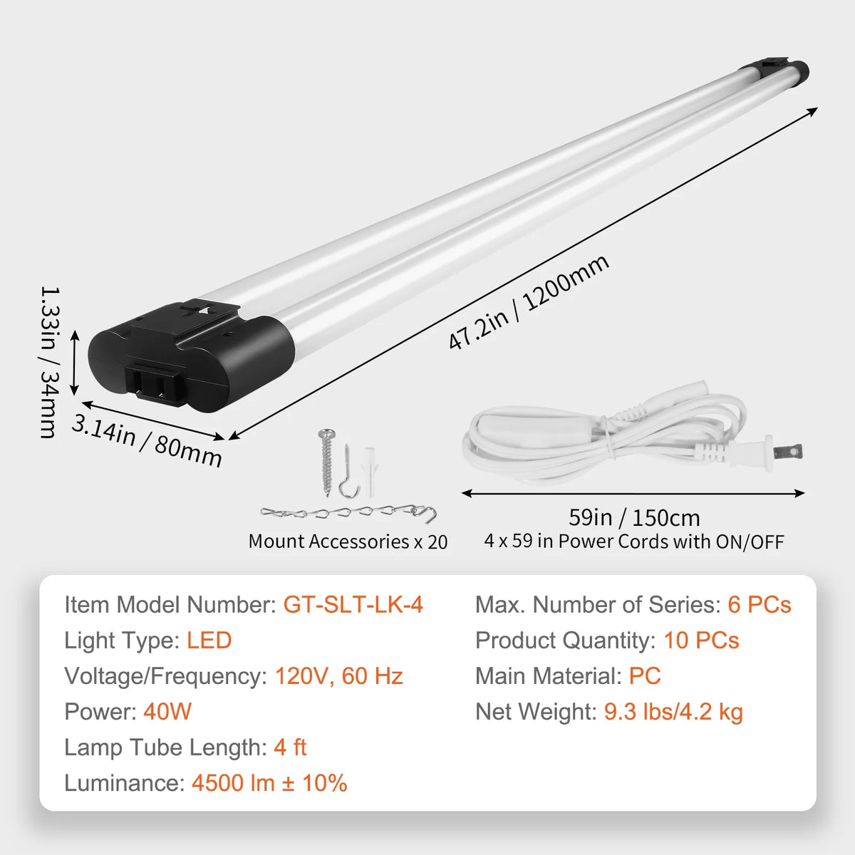 Lot de 10 lampes d’atelier à LED BENTISM, 4 pi, 40 W, raccordables, 4 500 lm, montage en saillie ou suspendu, 59 po, avec cordon d’alimentation et interrupteur marche/arrêt, pour garage, entrepôt, atelier à domicile ou bureau