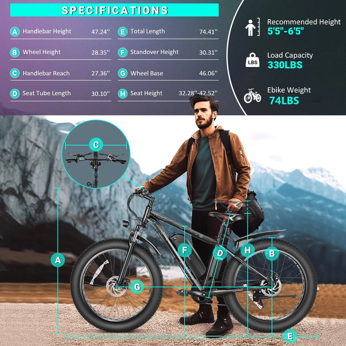 Vélo électrique tout-terrain Gocio 26 4.0 à pneus larges pour adultes, vélo électrique 500 W pour adultes, batterie Li-ion amovible 48 V 13 Ah, vitesses professionnelles à 7 rapports, vélo électrique de montagne, de plage et de neige pour homme