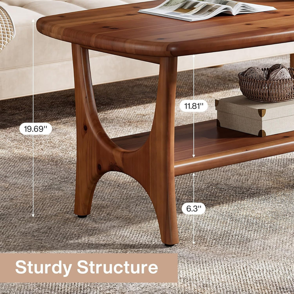 Table basse en bois massif Fimind, table basse rectangulaire moderne du milieu du siècle de 47,24 avec étagère de rangement à 2 niveaux pour salon, petits espaces