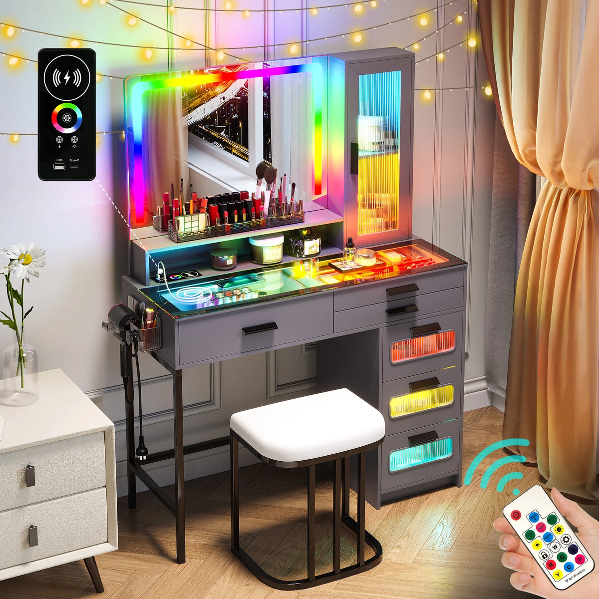Coiffeuse HNEBC avec miroir et éclairage RGB, coiffeuse de maquillage avec plateau en verre, éclairage à détecteur automatique et charge sans fil, ensemble de coiffeuse avec tabouret rembourré, coiffeuse avec 6 tiroirs (blanc)