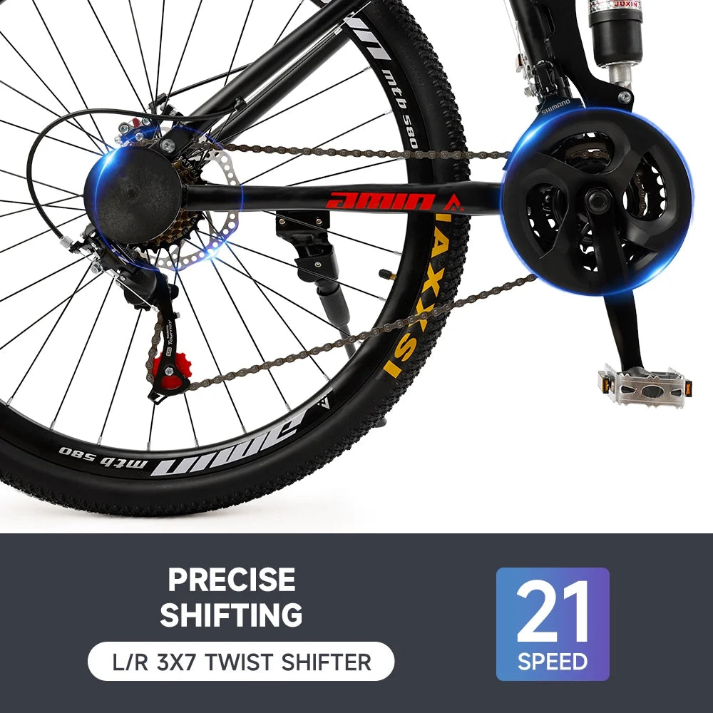VTT pliant Artudatech 26 pouces Shimano 21 vitesses double frein à disque - Adulte - Rouge