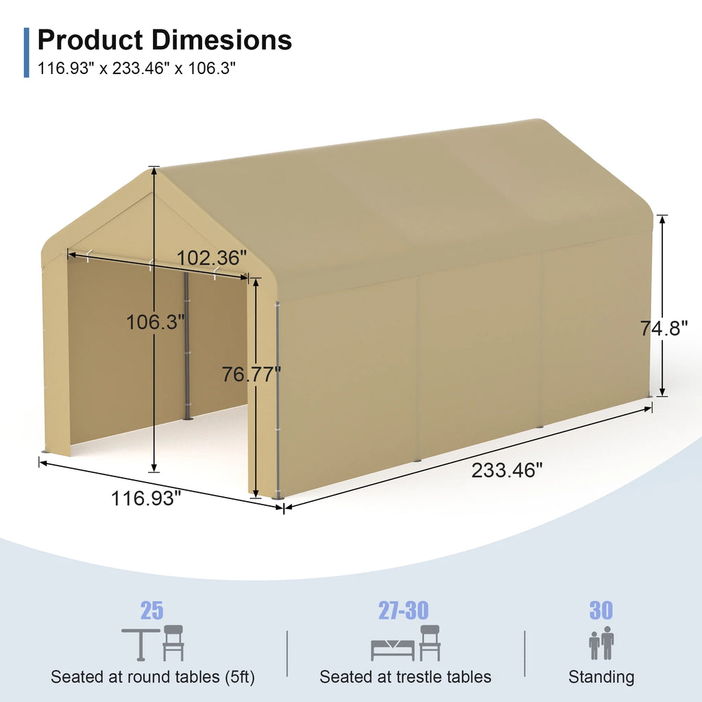 GOJOOASIS Carport, 10 x 20 Abri de voiture robuste avec paroi amovible, Garage portable en PE résistant à l'eau avec bâche toutes saisons Beige