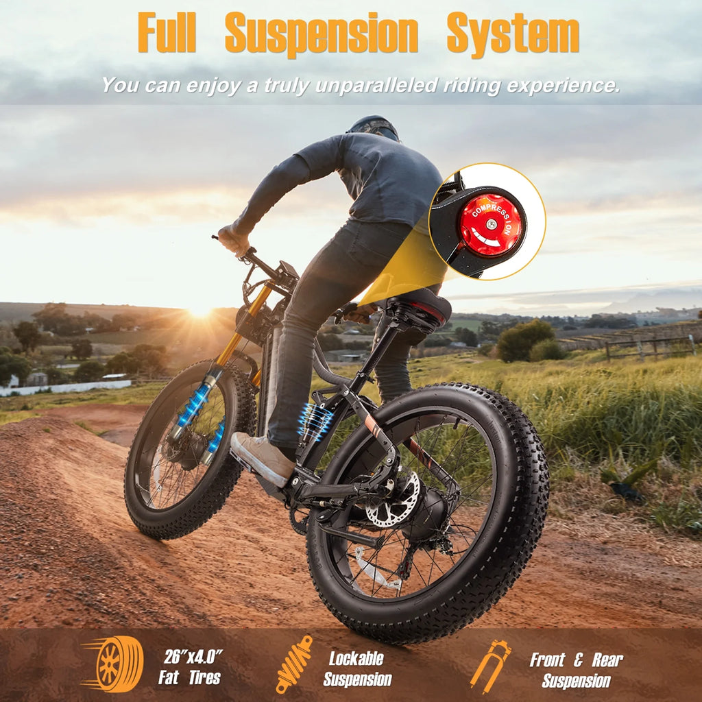Dual Motors AWD 2000W Electric Bike for Adult 26'', UL2849 48V 60AH Removable Battery E-mountain bike 4'' Fat Tire up to 35MPH&200Miles Long Range Off Road Ebike Beach Dual Hydraulic&Brakes E-Bicycle