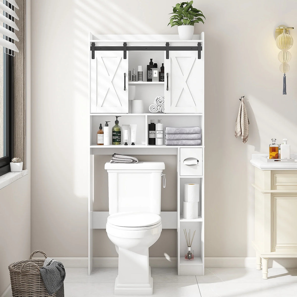 Meuble de rangement au-dessus des toilettes, meuble de rangement de style maisonnette au-dessus des toilettes avec portes coulissantesÉtagère de rangement gain de place pour toilettes, pour salle de bains, toilettes, buanderie
