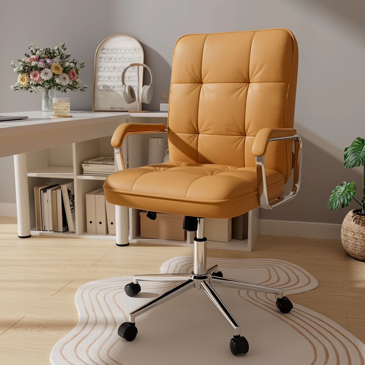 Chaise de bureau Solfway blanche, fauteuil de bureau pivotant en cuir avec roulettes et accoudoirs rembourrés, fauteuil de direction pour adultes