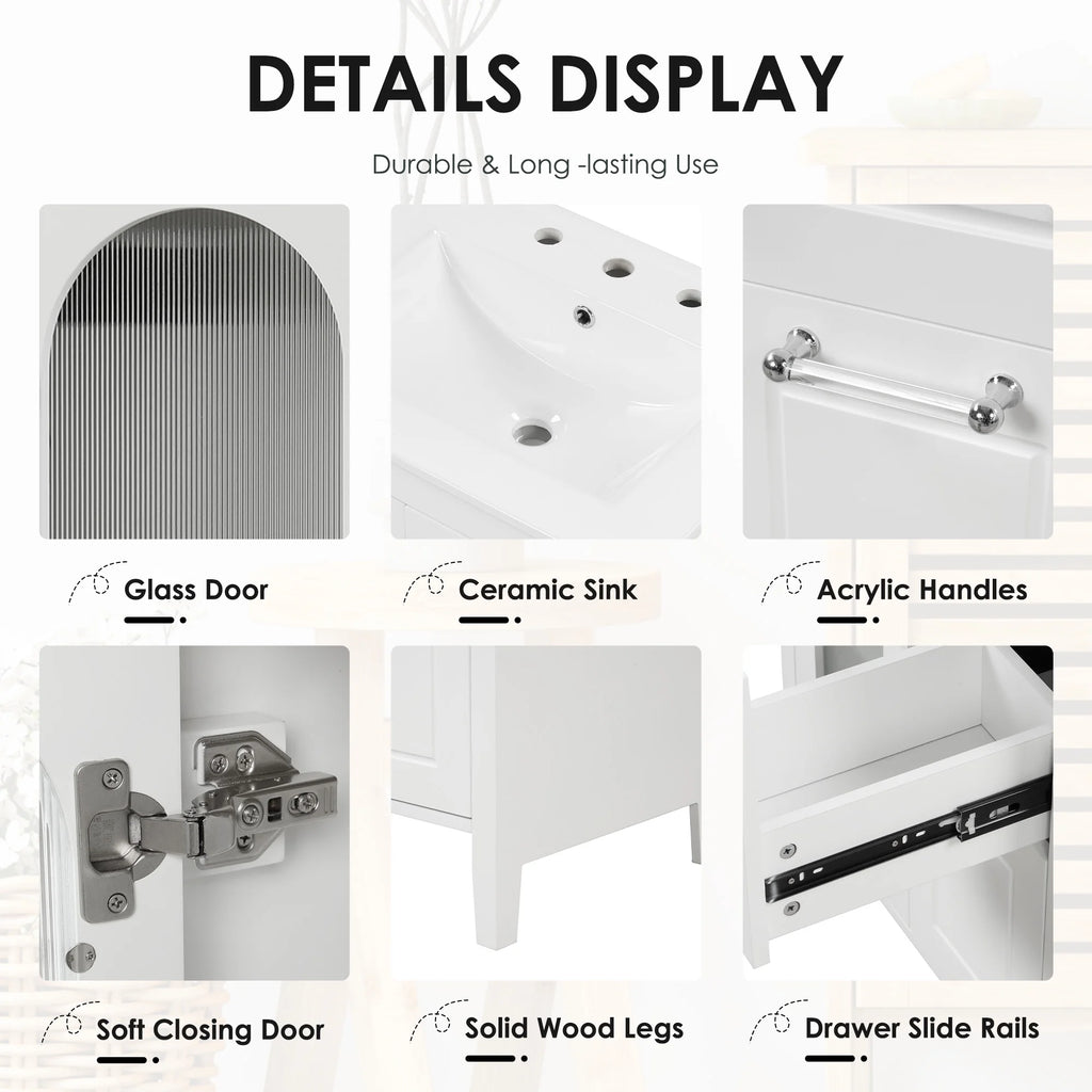 Meuble-lavabo Soges 24 avec vasque en céramique, meuble de toilette en bois massif avec porte, étagère réglable et 2 tiroirs, ensemble lavabo simple autoportant pour petite salle de bains, blanc