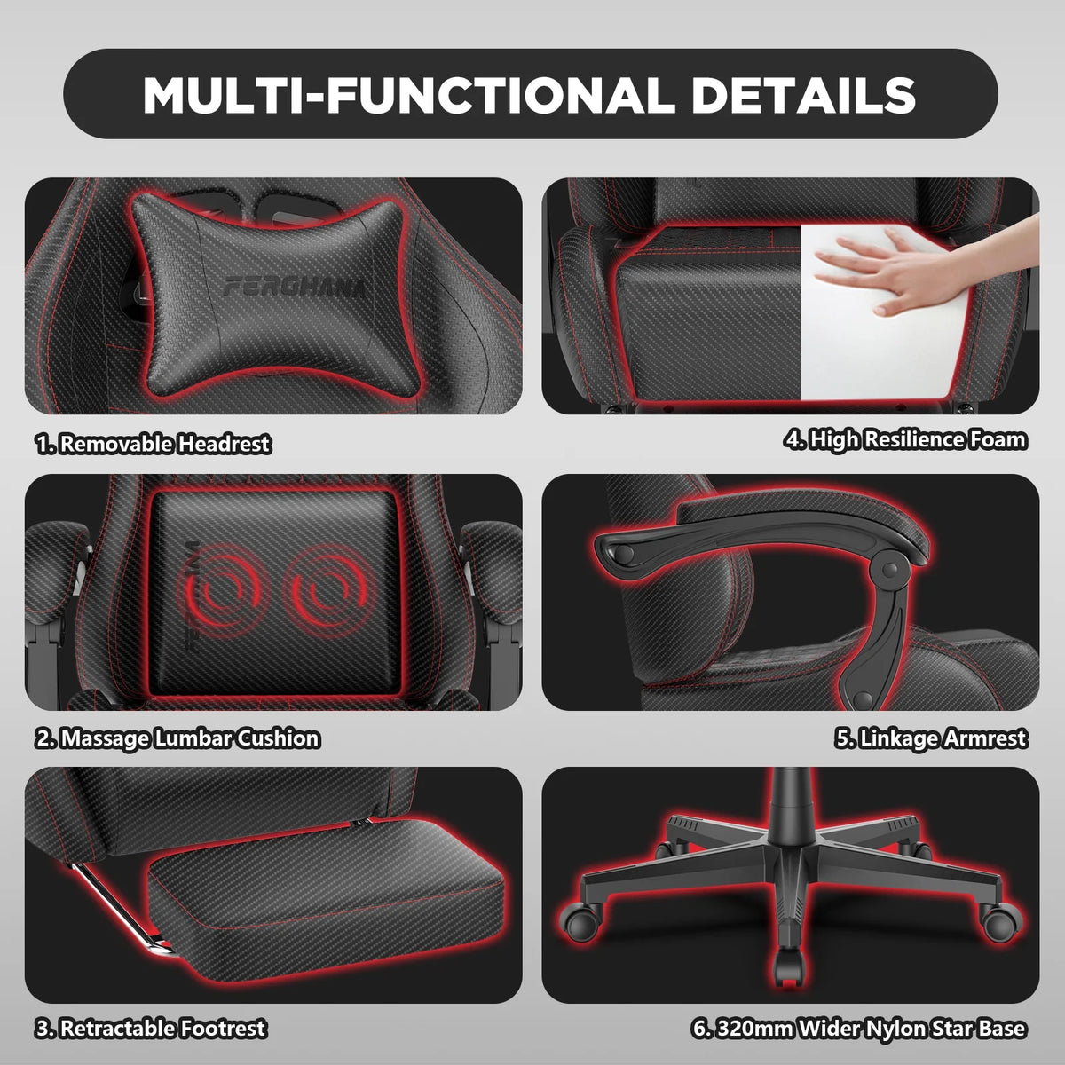 Fauteuil gaming Luxvie avec repose-pieds, fauteuil de bureau ergonomique pour ordinateur avec massage, soutien lombaire et appui-tête, dossier haut, style vintage, pour adultes et enfants, noir