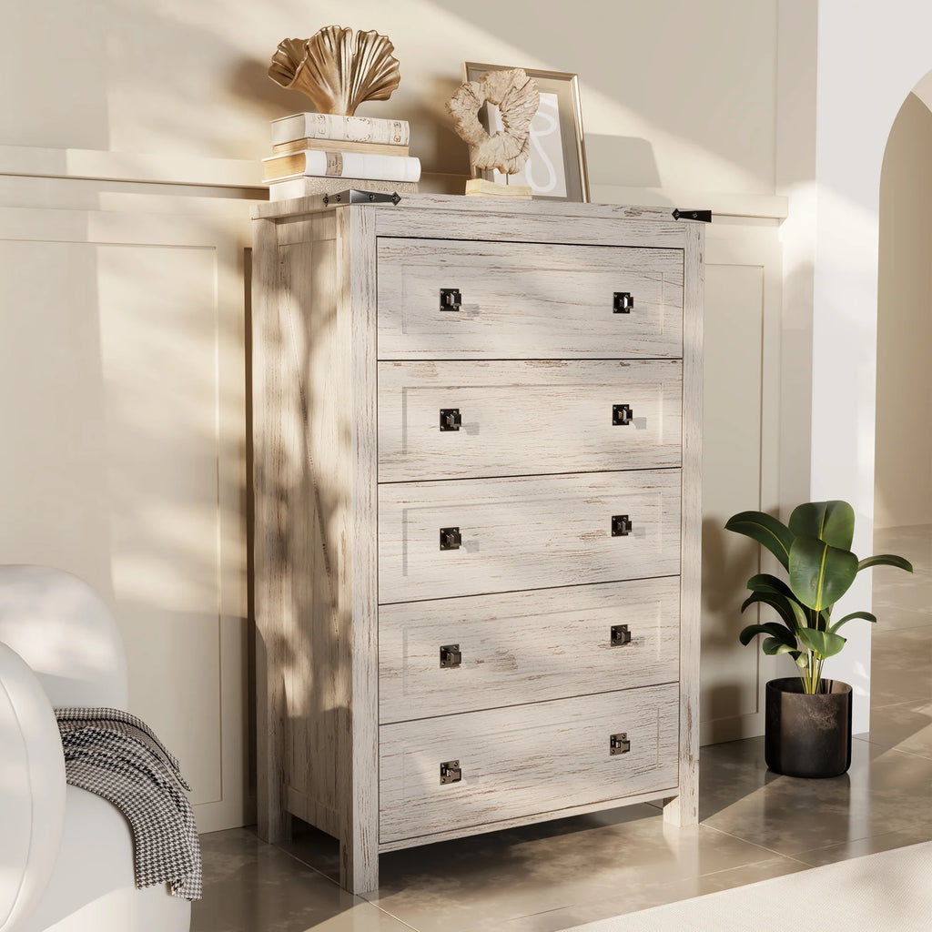 Commode Keywhat Farmhouse à 5 tiroirs pour chambre, meuble de rangement en bois pour salon, blanc antique