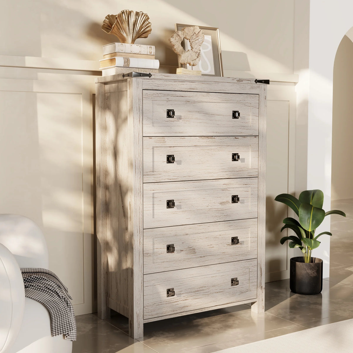 Commode Keywhat Farmhouse à 5 tiroirs pour chambre, meuble de rangement en bois pour salon, blanc antique