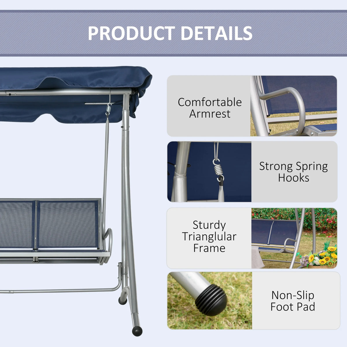 Balancelle de jardin Outsunny pour 3 personnes, balancelle de terrasse avec support et auvent réglable, banc-balancelle d'extérieur robuste pour adultes, noir