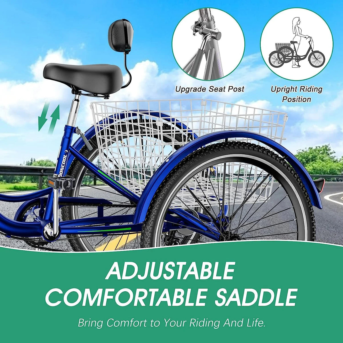 Tricycles pour adultes MOONCOOL avec panier arrière et pompe à pied, vélos à 3 roues 7 vitesses de 24 et 26 pouces, vélo à trois roues pour adultes avec dossier pour seniors, femmes et hommes
