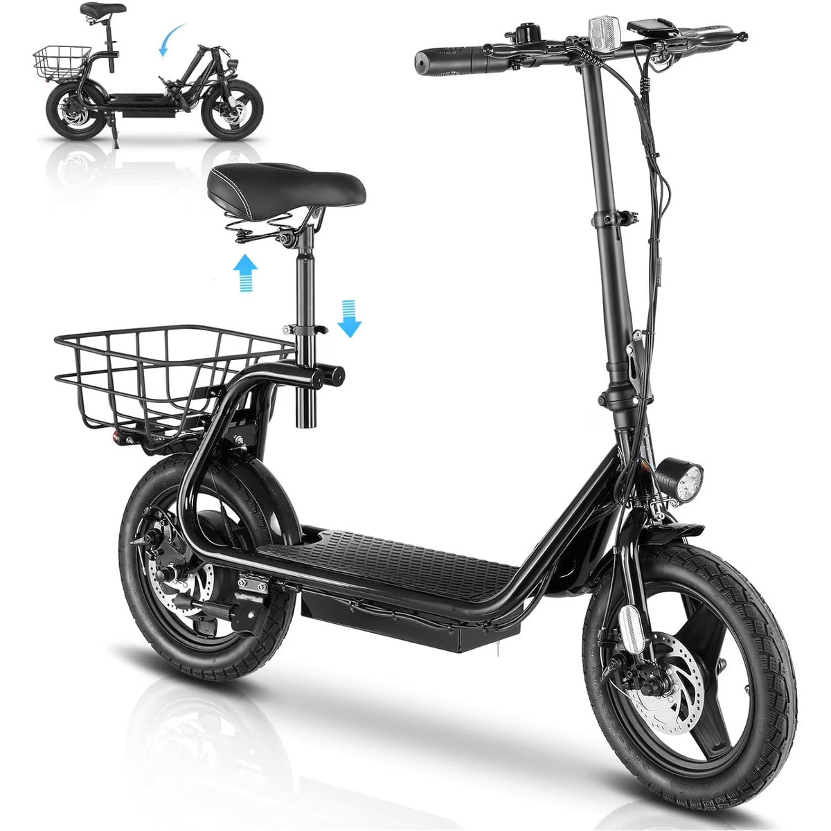 Trottinette électrique SANOPY 350 W avec siège pour adultes, autonomie de 24 km, vitesse de 32 km/h, cyclomoteur avec batterie 36 V 5,2 Ah, vélo électrique urbain avec gros pneus de 14 pouces et amortisseurs, noir