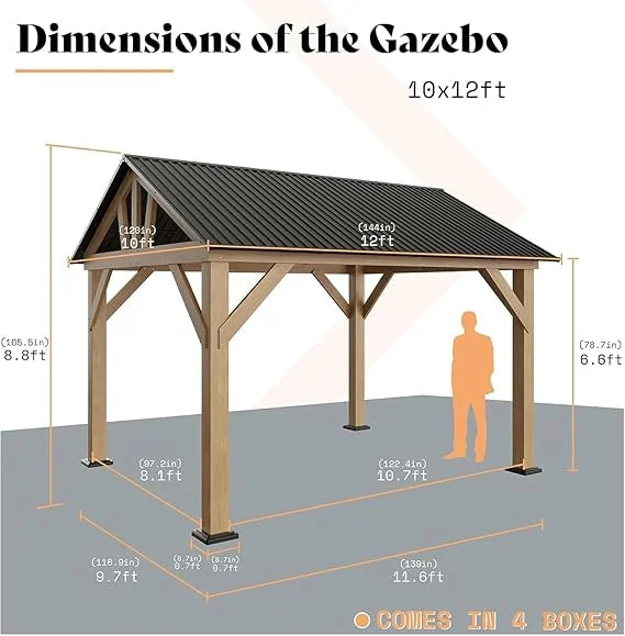 Jocisland Gazebo en bois 10x12 pi, Pergola à toit rigide avec charpente en acier pour jardin, porche, patio
