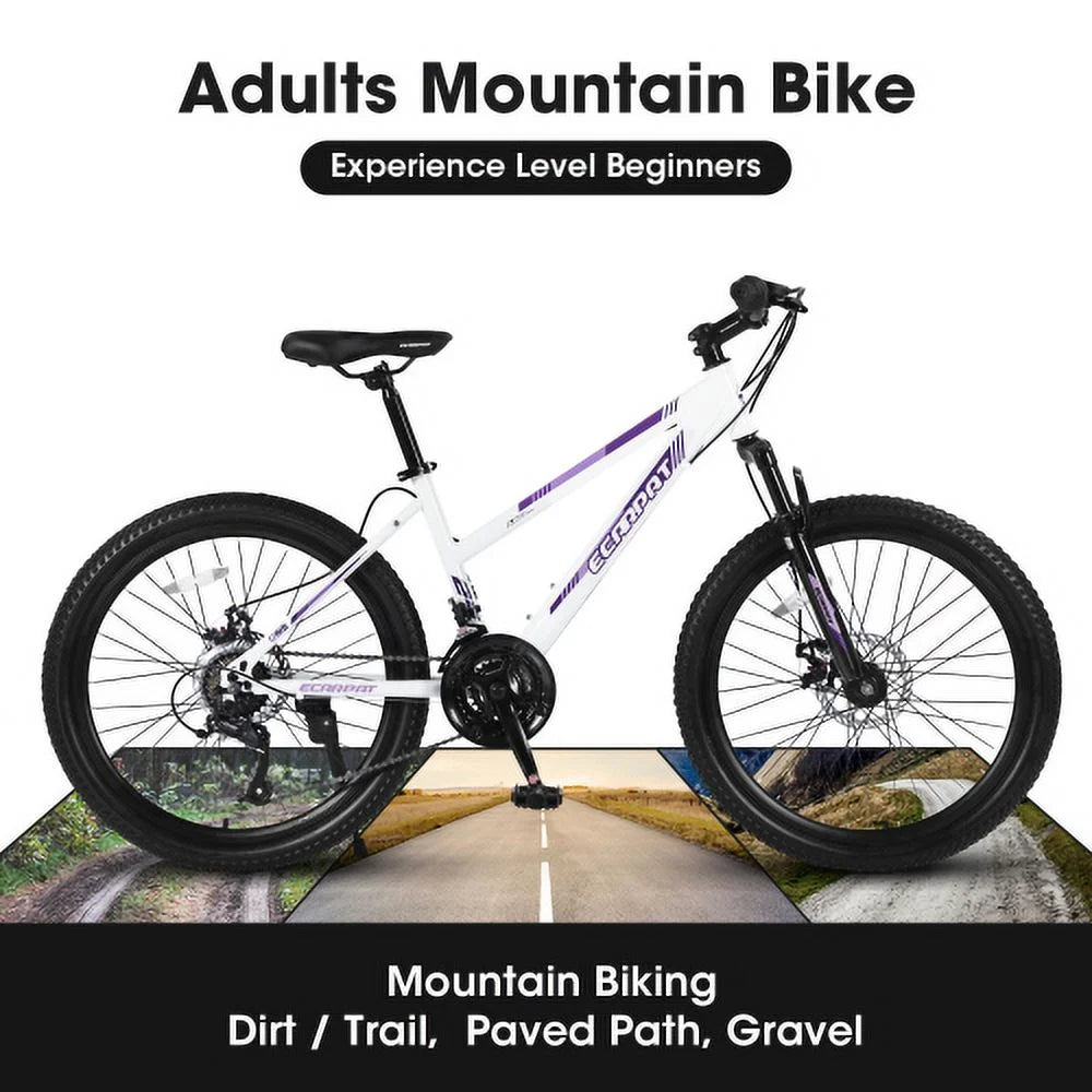 POWANLI 26 Vélo tout-terrain pour femme, Vélo de montagne 21 vitesses avec freins à disque doubles et suspension avant de 100 mm, Rose (Cadeau)