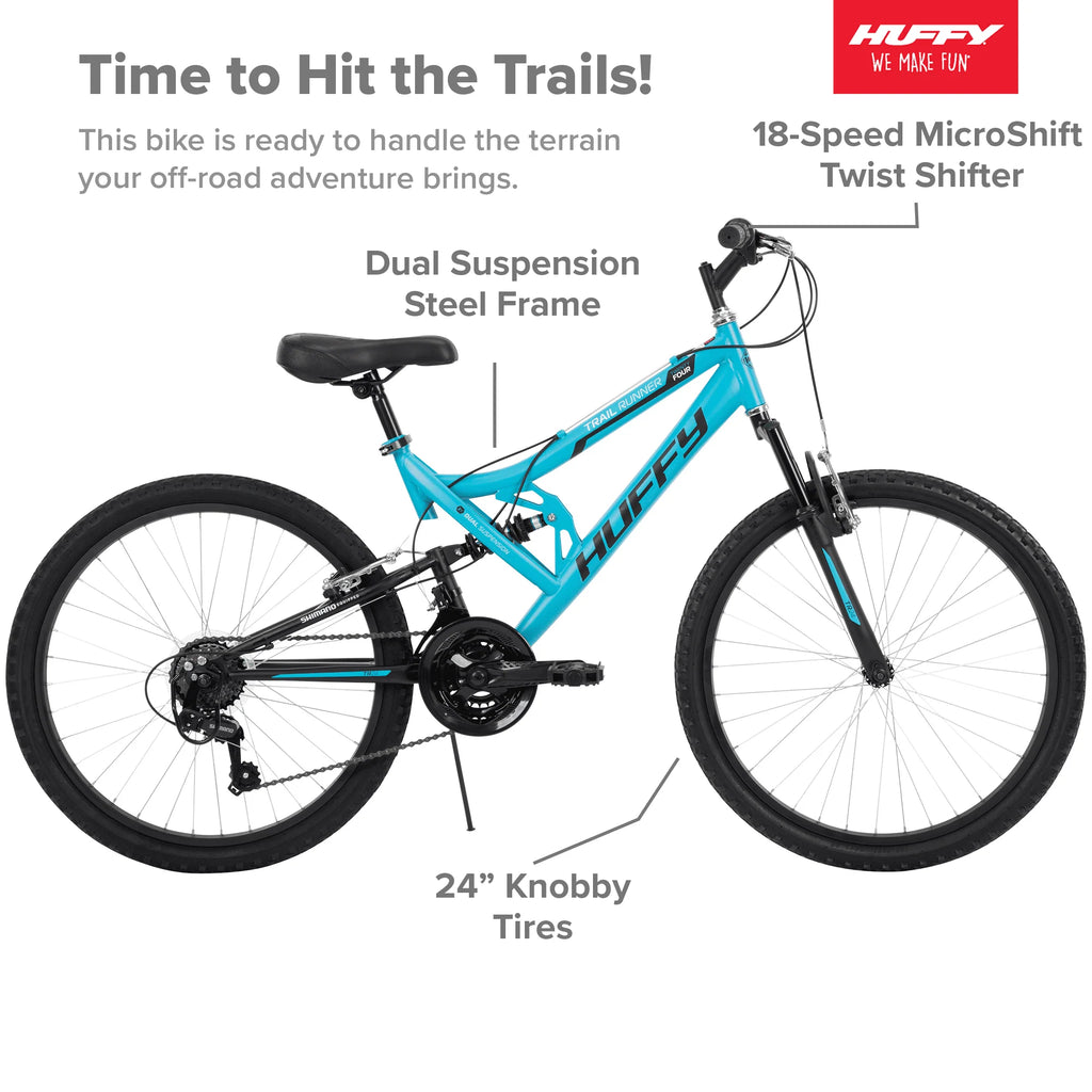 Vélos tout-terrain à suspension intégrale Huffy Trail Runner 24 pour filles, bleu sarcelle