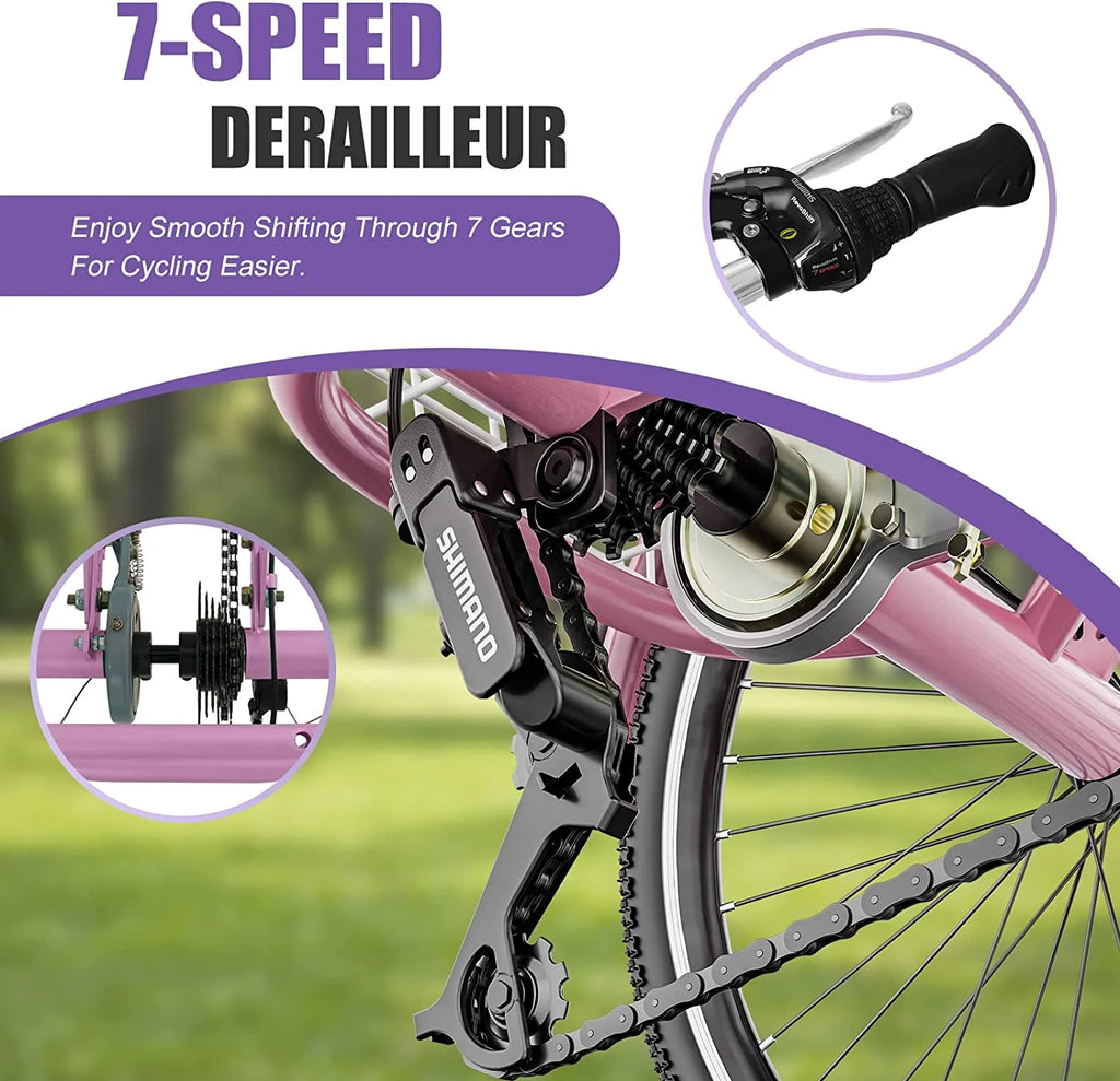Tricycles pour adultes MOONCOOL avec panier arrière et pompe à pied, vélos à 3 roues 7 vitesses de 24 et 26 pouces, vélo à trois roues pour adultes avec dossier pour seniors, femmes et hommes