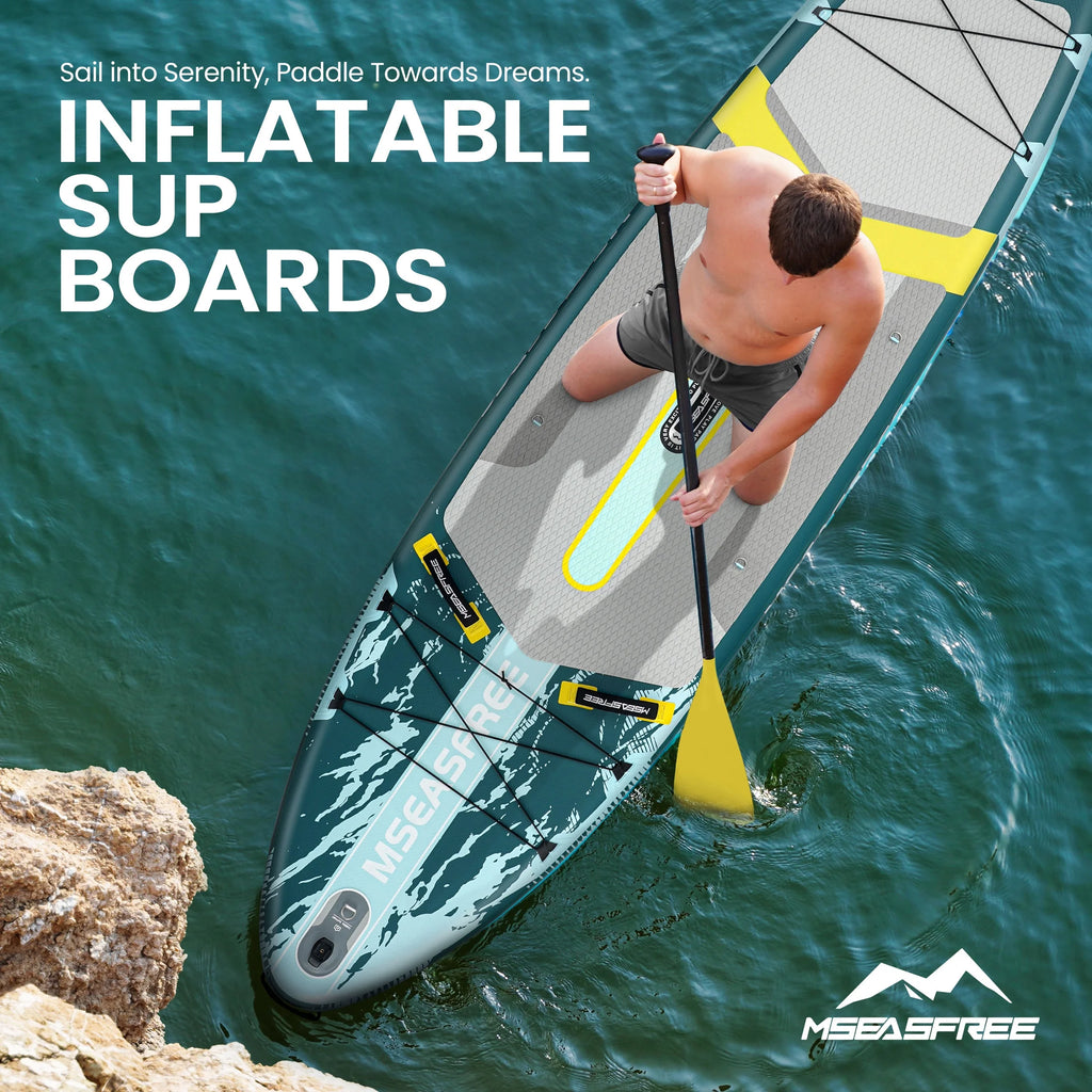 MSEASFREE Planche de Stand Up Paddle gonflable 11,5 ft Polyvalente Planche de pêche Stand up Paddle avec accessoires SUP complets