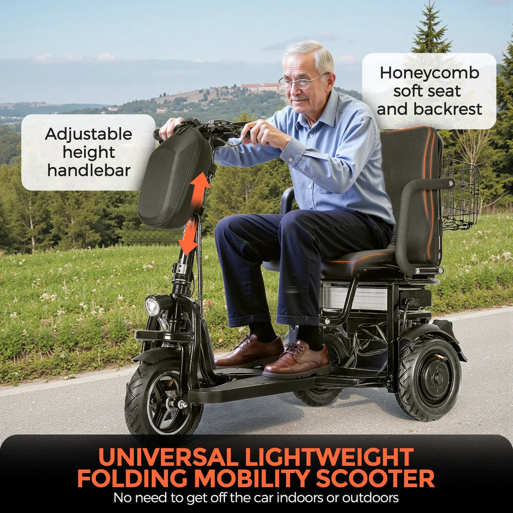 BAMACAR Scooter de mobilité pliant à 3 roues, léger pour seniors et adultes, 300 lb, scooter électrique tout-terrain portable pour personnes à mobilité réduite, scooters de mobilité pliables et compacts, noir