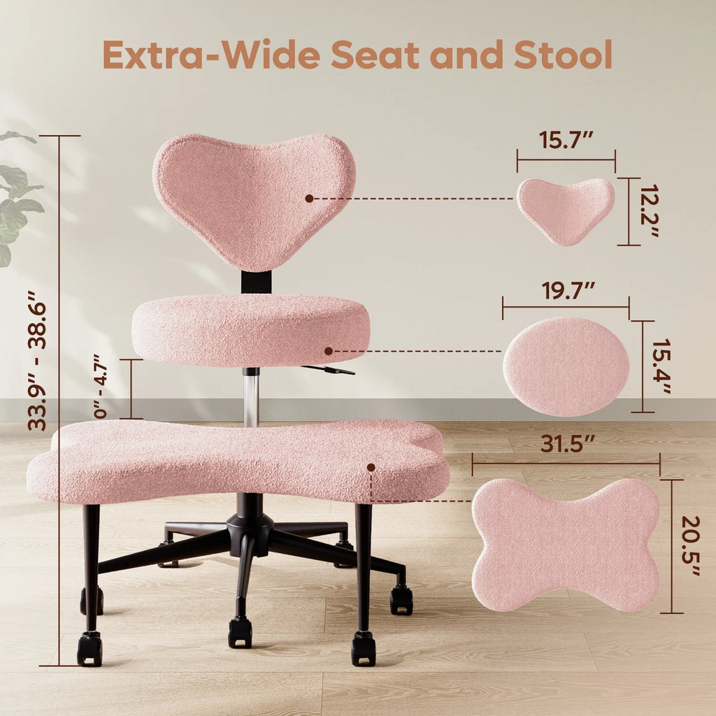 Chaise ergonomique pivotante pour position en tailleur Pinmoco, hauteur réglable et tissu bouclette, chaise de méditation et pour TDAH avec soutien dorsal, pour la maison et le bureau, blanc cassé