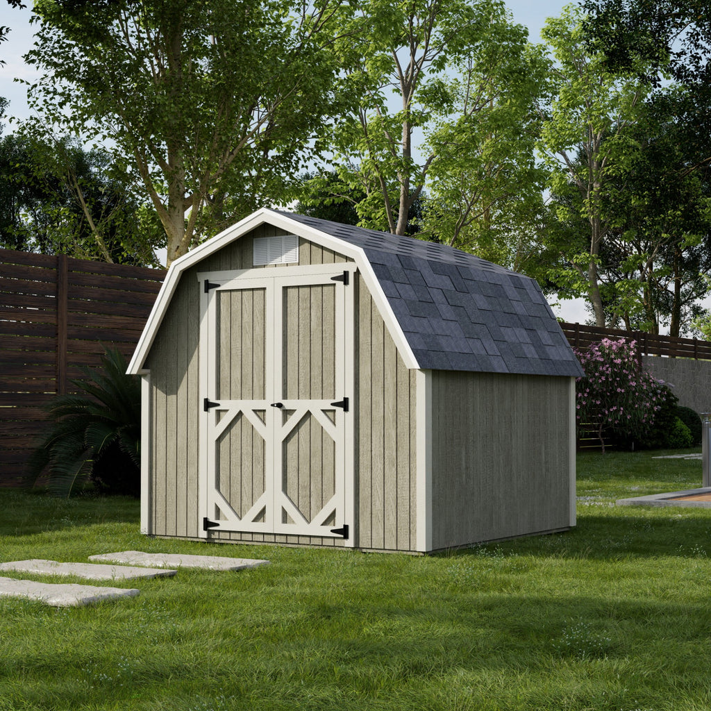 Little Cottage Co. Grange classique à toit brisé 8x8 avec murs latéraux de 4 pi, Abri de rangement extérieur en bois, Kit pré-découpé à monter soi-même