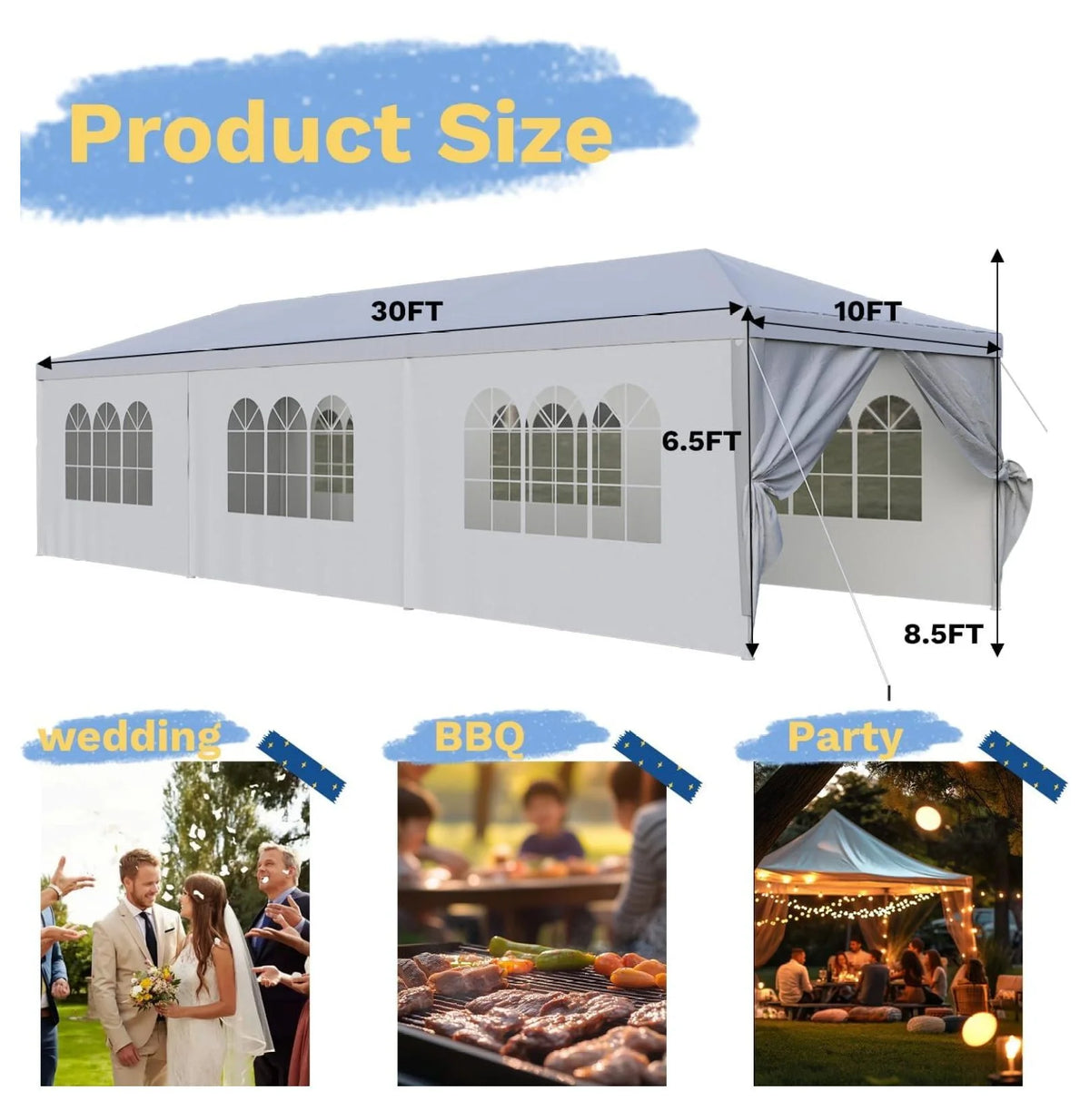 Tente de réception robuste de 10' x 30' - Chapiteau de mariage imperméable avec parois latérales amovibles, abri de type pavillon pour événements en plein air (Blanc)