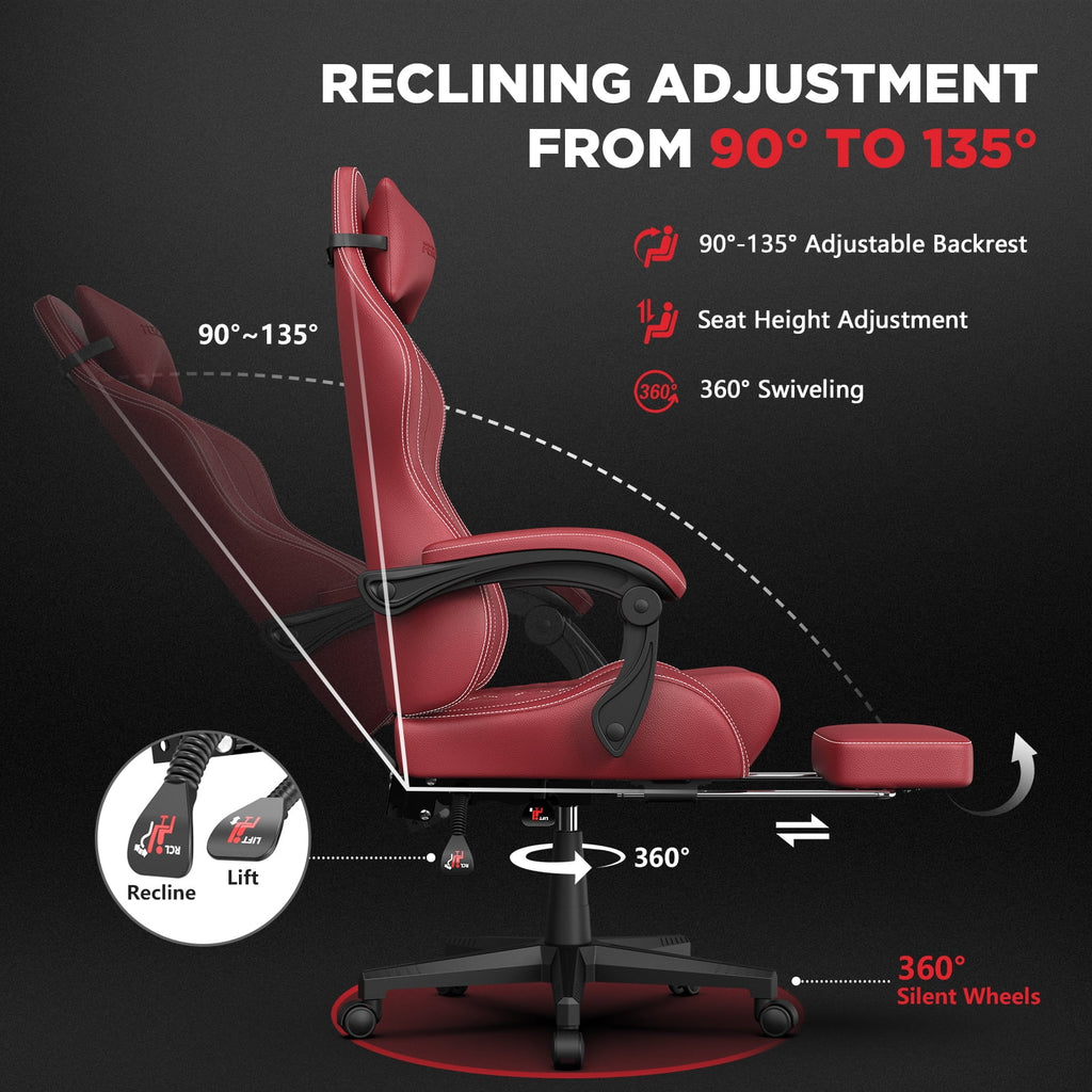 Fauteuil gaming Luxvie avec repose-pieds, fauteuil de bureau ergonomique pour ordinateur avec massage, soutien lombaire et appui-tête, dossier haut, style vintage, pour adultes et enfants, noir