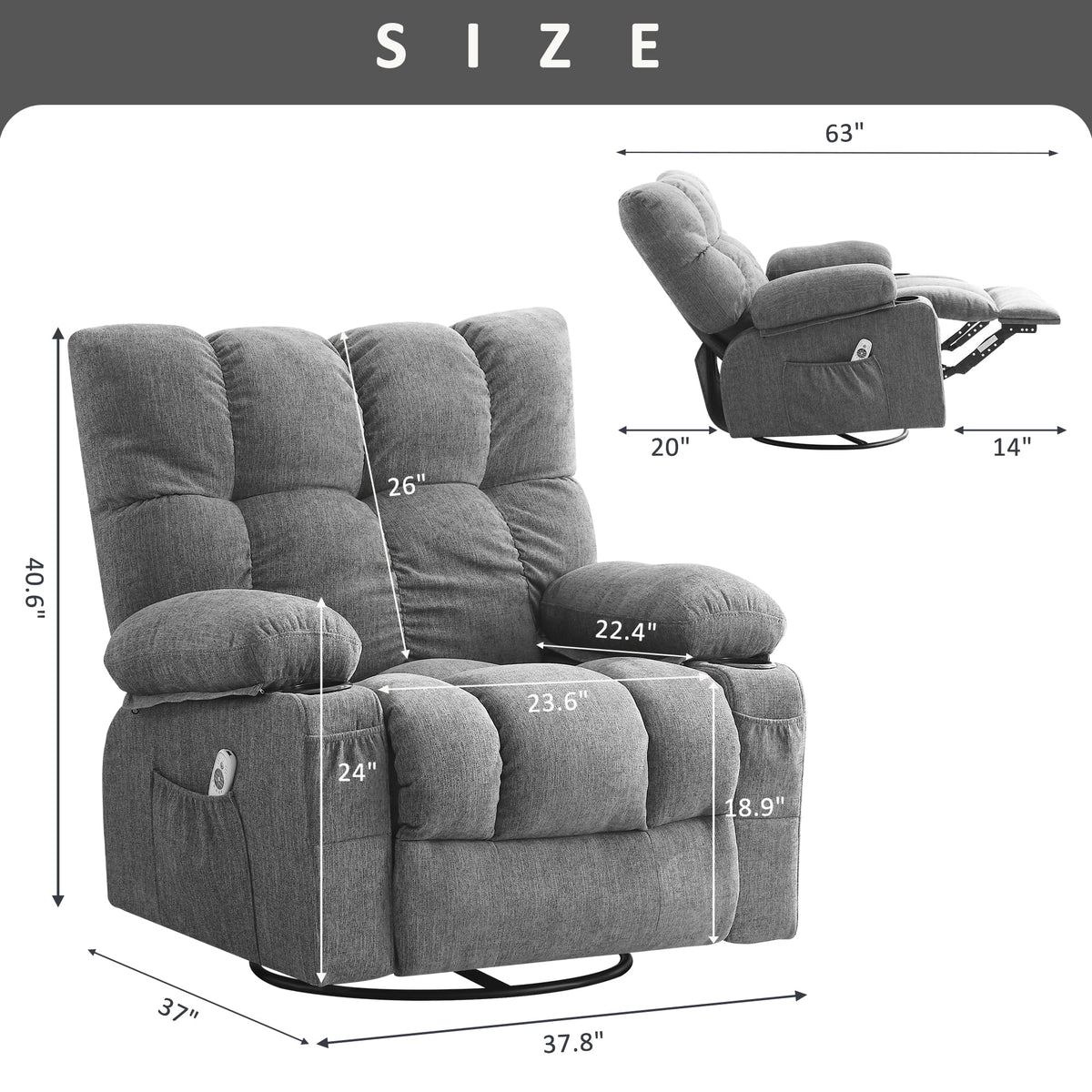 Fauteuil inclinable manuel JONPONY avec fonction de massage et de chauffage, mécanisme d’inclinaison robuste, fauteuil à bascule individuel pour personnes âgées avec porte-gobelets, pour chambre et salle de cinéma maison, gris