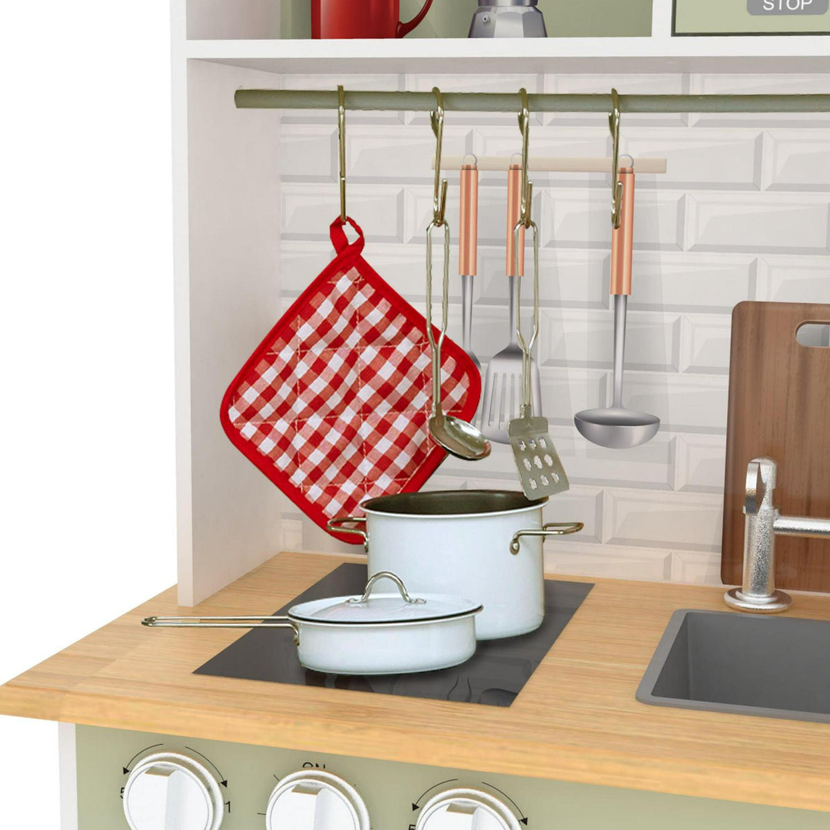 Teamson Kids Little Chef Ensemble de cuisine moderne Boston. Ensemble d'accessoires de 9 pièces. Four. Micro-ondes. Brûleur. Évier. Blanc/Vert