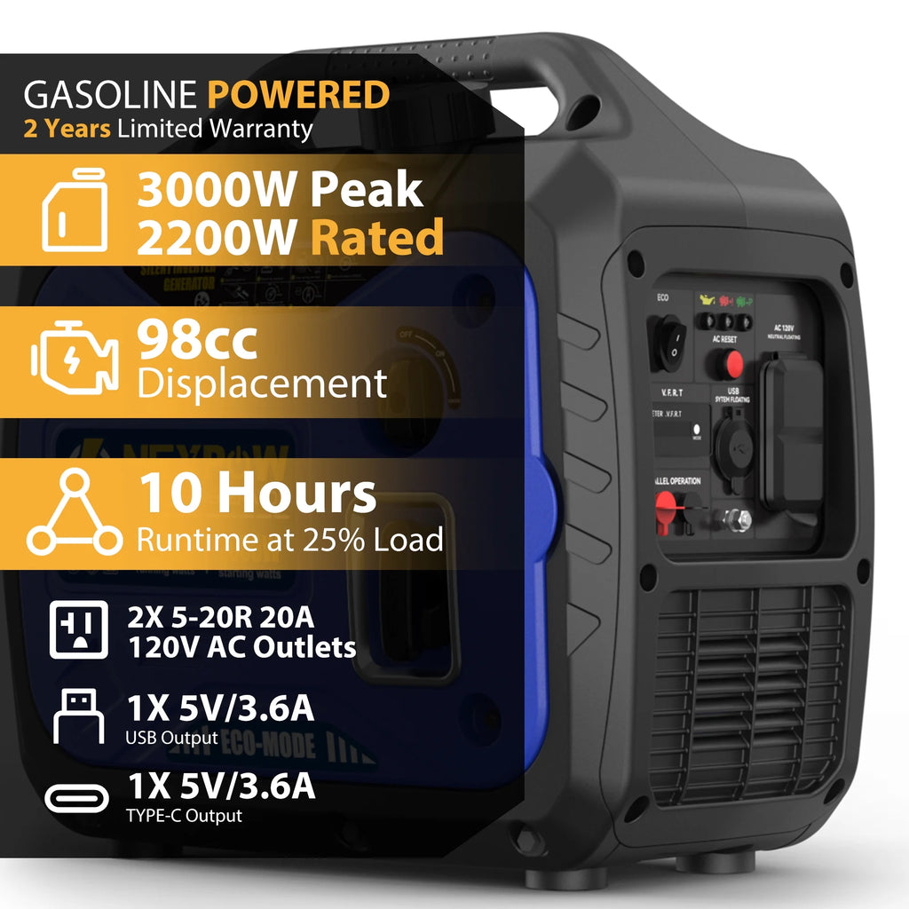 Génératrice portable avec onduleur NEXPOW 3000 W, légère et à essence, pour alimentation de secours à la maison et au camping, mode éco, couplage en parallèle, protection contre les surcharges