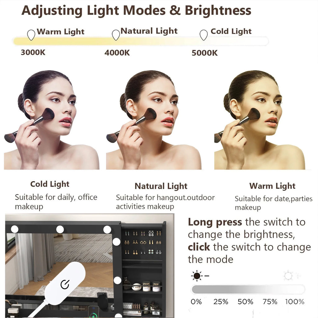 Coiffeuse blanche avec grand miroir lumineux et prise électrique, table de maquillage avec plateau en verre et tiroirs, rangement coulissant, grande coiffeuse de maquillage de 44,1 pour femmes et filles, blanche