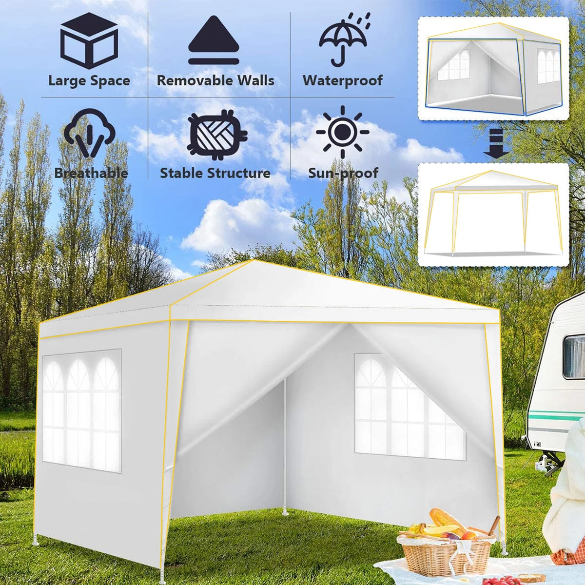 HOTEEL Chapiteau pop-up 10x10 avec murs latéraux, Tente imperméable pour fêtes et événements de mariage, Gazébo d'extérieur instantané avec sac de transport, piquets, cordes et sacs de sable, Noir