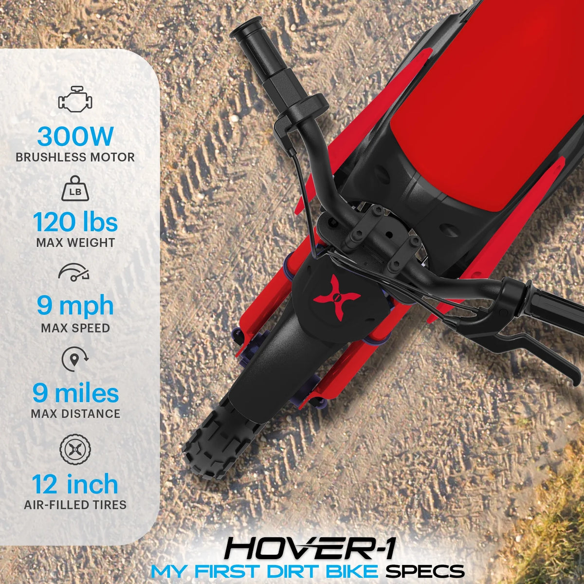 Hover-1 My First Dirt Bike for Kids - 300W Motor, 9MPH Max Speed, 9 Mile Range, 12 Off-Road Tires, 120LB Max Weight, Twist Grip Throttle & Rear Disc Brake Electric Dirt Bike for Kids Ages 5+ Years