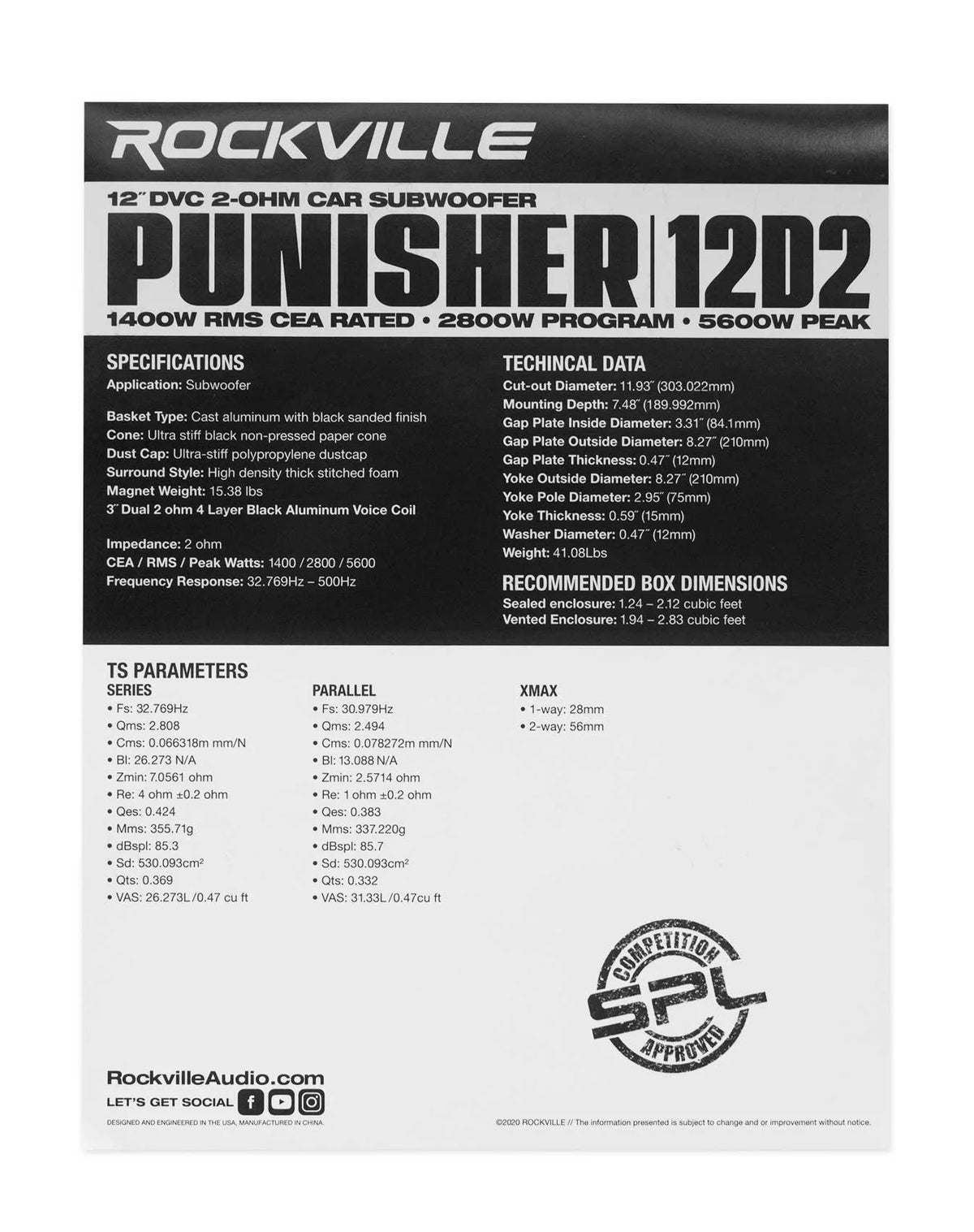 Caisson de basses pour voiture Rockville Punisher 12D2 12 5600w Peak Double sub 2-Ohm 1400w RMS Certifié CEA