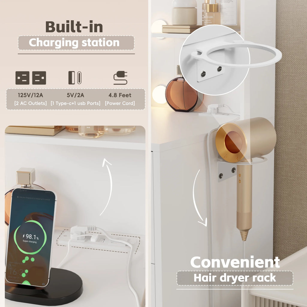 Coiffeuse Lacoo avec miroir et éclairage LED, coiffeuse de maquillage avec 7 tiroirs et 4 étagères, table de toilette avec prise électrique pour chambre ou dressing, blanc