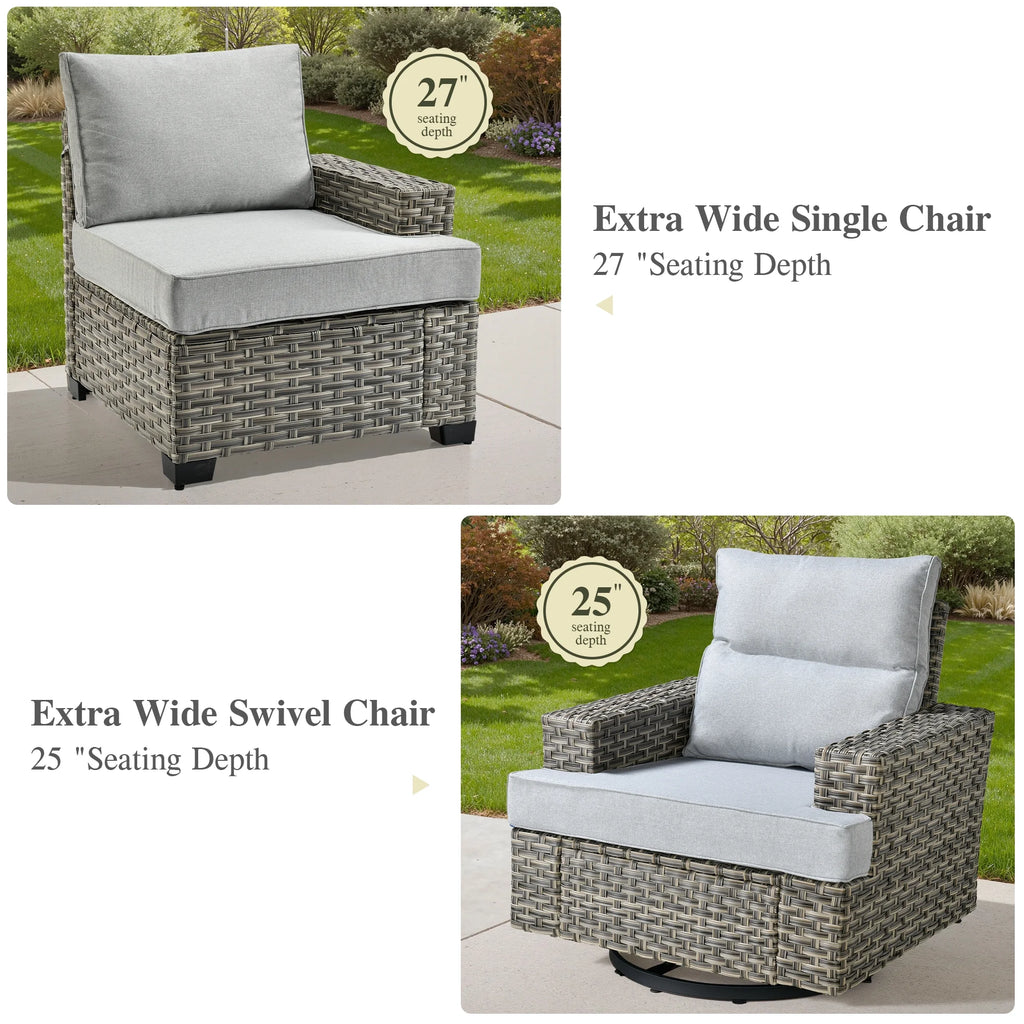 Ovios Salon de jardin modulable moderne en résine tressée toutes saisons à dossier haut, 10 pièces, avec table brasero au propane et fauteuil pivotant, gris foncé