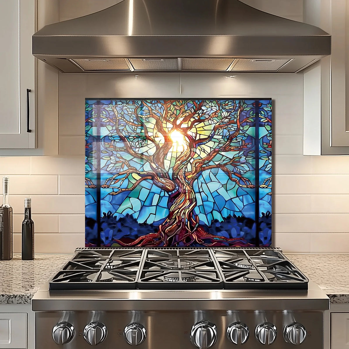 Crédence en verre trempé motif Arbre de vie en mosaïque pour cuisine derrière la cuisinière, cache supérieur pour cuisinière, crédence en verre facile à nettoyer, pare-éclaboussures pour évier, décoration murale de cuisine pour la maison