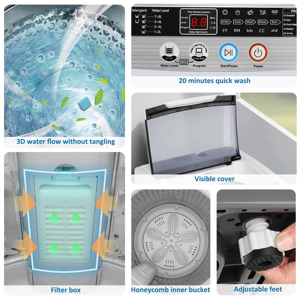 Machine à laver portable Qhomic, grande capacité de 17,8 lb, entièrement automatique, 10 programmes de lavage et 8 niveaux d’eau, idéale pour les appartements, les résidences universitaires et les familles