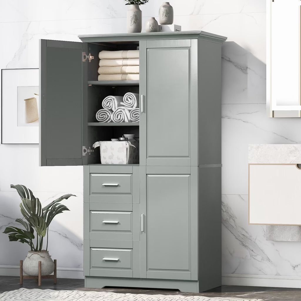 Armoire de salle de bain, meuble de rangement de 62,2 de haut avec portes et étagères, armoire à linge sur pied pour salle de bain, cuisine, salon, grise