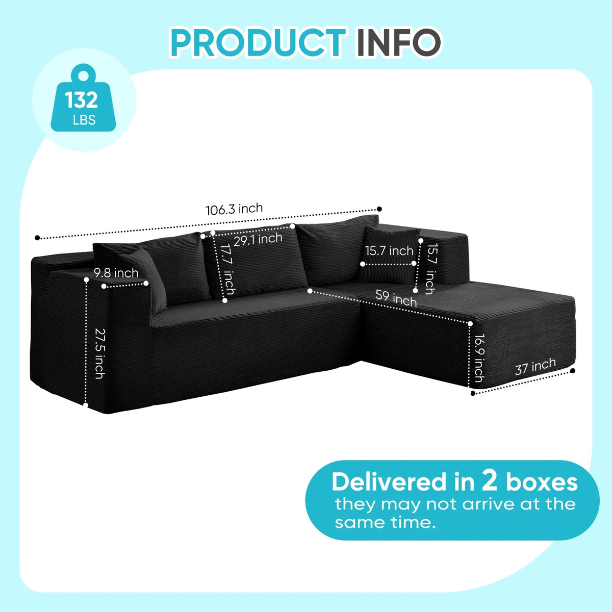 Canapé d’angle ZAFLY 106 Cloud avec méridienne, sans assemblage, canapé-lit en L, canapé modulable surdimensionné à assise profonde pour salon – droite, noir