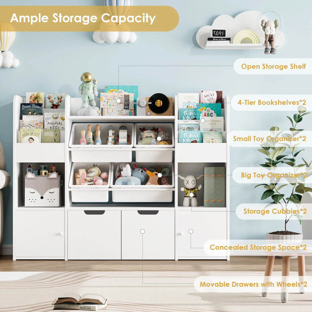 Hiphuta Bibliothèque et Meuble de Rangement pour Jouets pour Enfants, Organisateur en Bois avec 4 Paniers et 2 Tiroirs Amovibles pour la Maison et la Chambre, Étagère à Livres pour Enfants avec Bac à Jouets et Support à Livres, Blanc