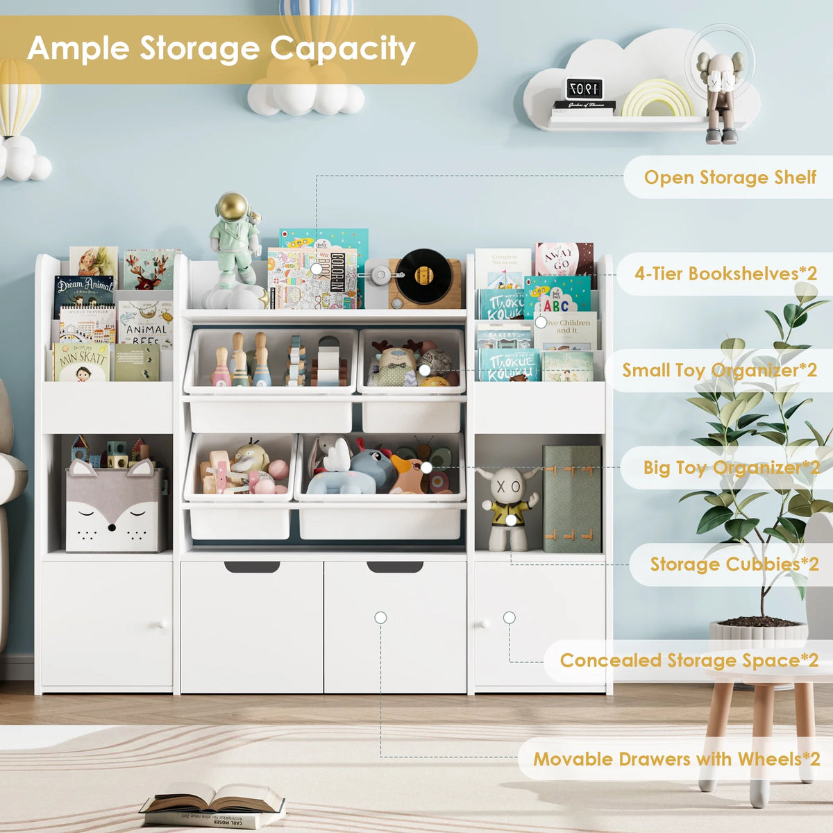 Hiphuta Bibliothèque et Meuble de Rangement pour Jouets pour Enfants, Organisateur en Bois avec 4 Paniers et 2 Tiroirs Amovibles pour la Maison et la Chambre, Étagère à Livres pour Enfants avec Bac à Jouets et Support à Livres, Blanc